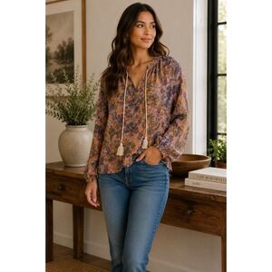 SINGLE Los Angeles Blouse Womens XS Multi Color Boho Paisley Tassel Peasant